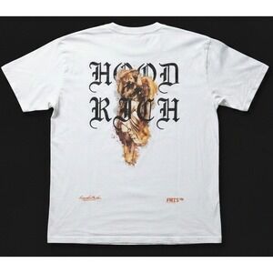 Hood rich Mens Graphic T-Shirt Large White Short Sleeve Lion Logo Streetwear Tee